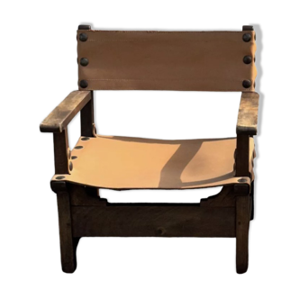 Brutalist armchair in wood and leather 60s