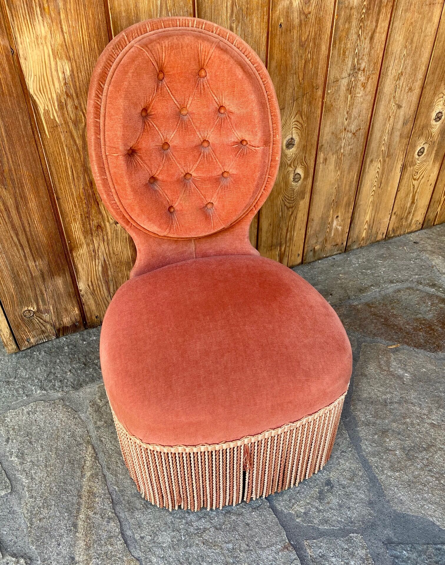 Velvet armchair salmon color upholstered - Napoleon III style