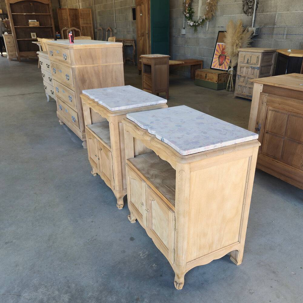 2 antique bedside tables made of solid wood and marble – sandblasted