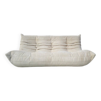 French Togo 3-seater sofa in off-white corduroy attributed to Michel Ducaroy for Ligne Roset, 1970s