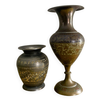 Pair Oriental Indian etched brass vessel vases