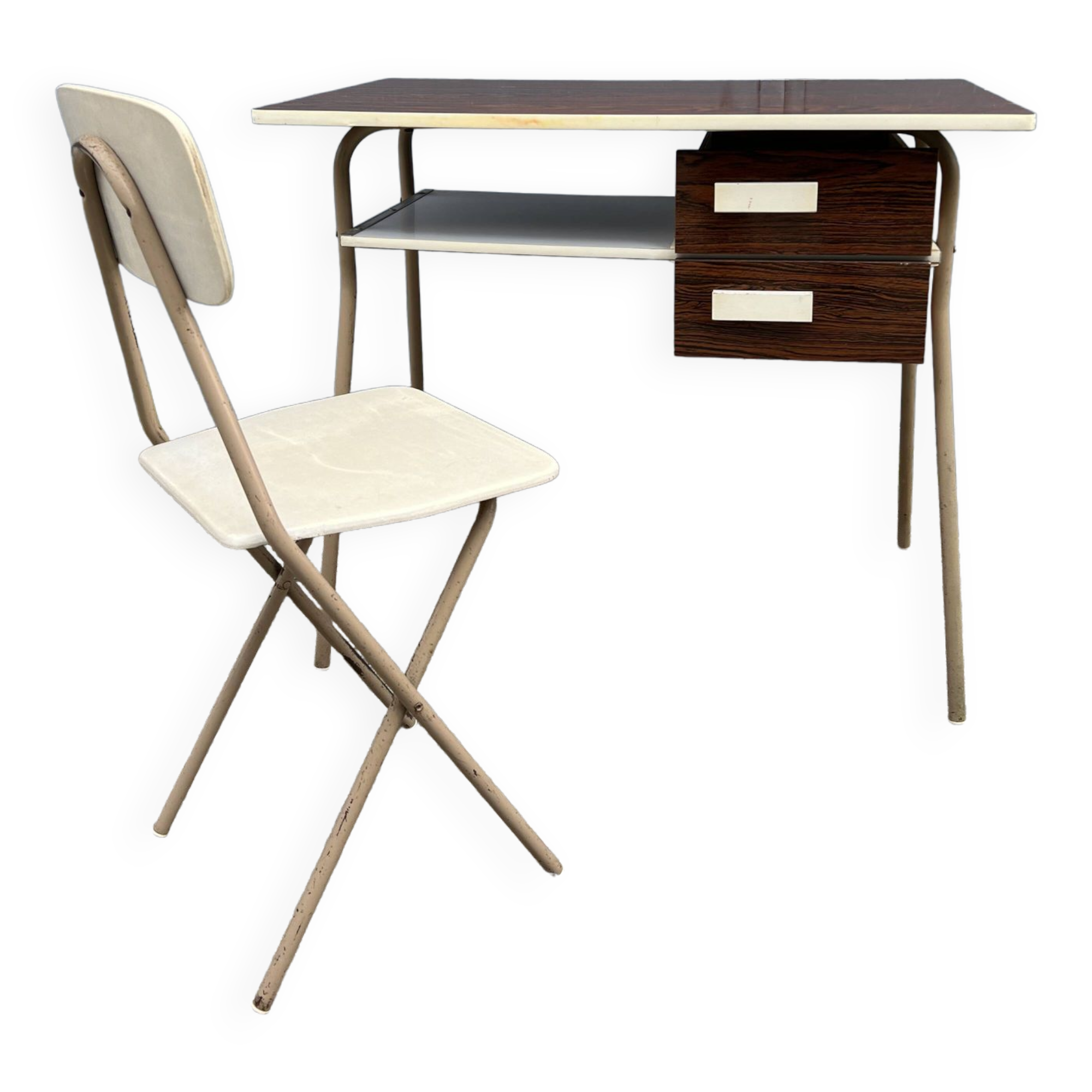 Small vintage desk with formica drawers and 70s chair