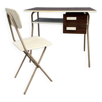 Petit bureau vintage à tiroirs en formica avec sa chaise 70s
