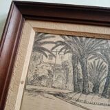 Old painting drawing in ink signed , Les Palmiers