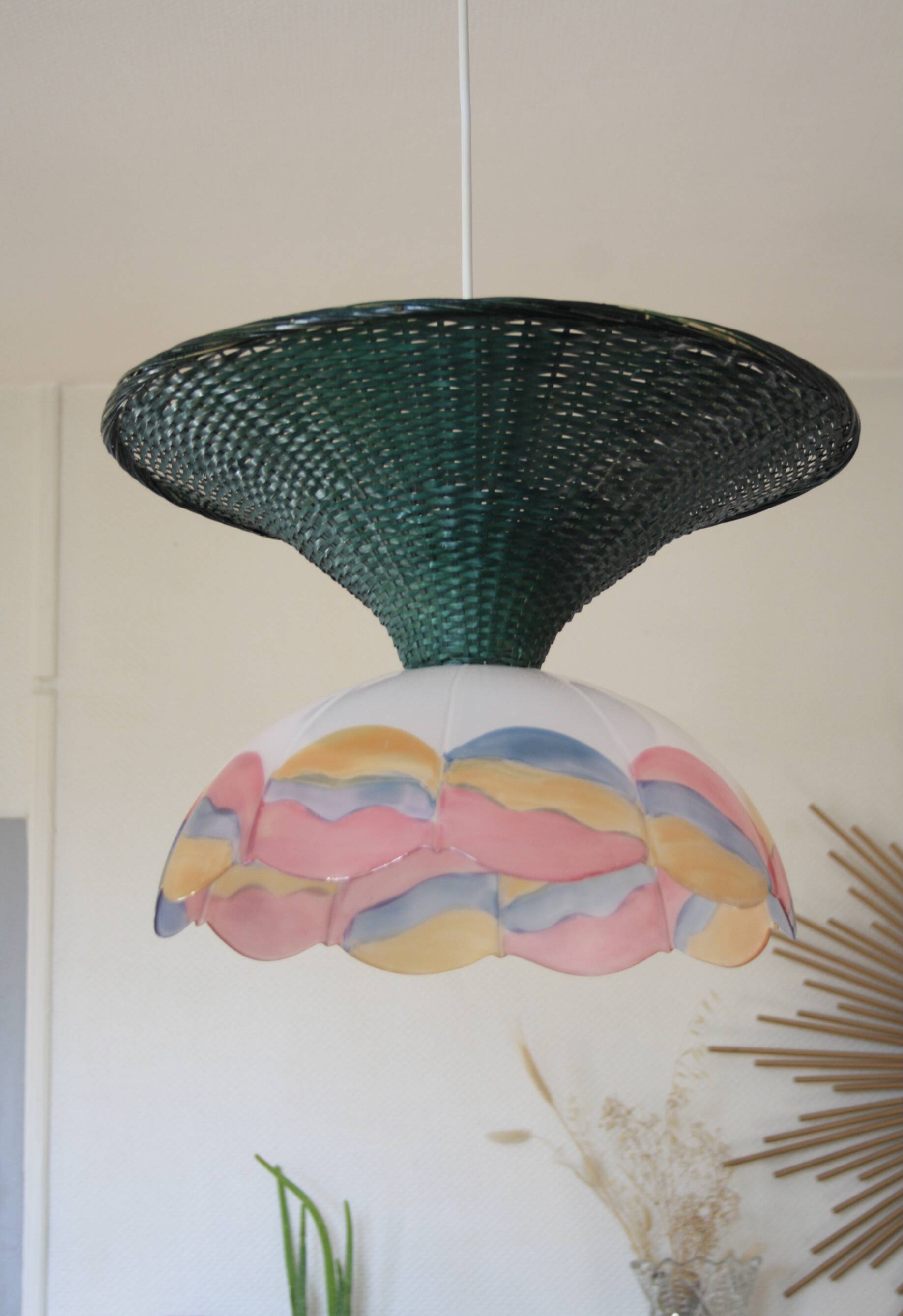 Suspension osier/rotin & verre vintage