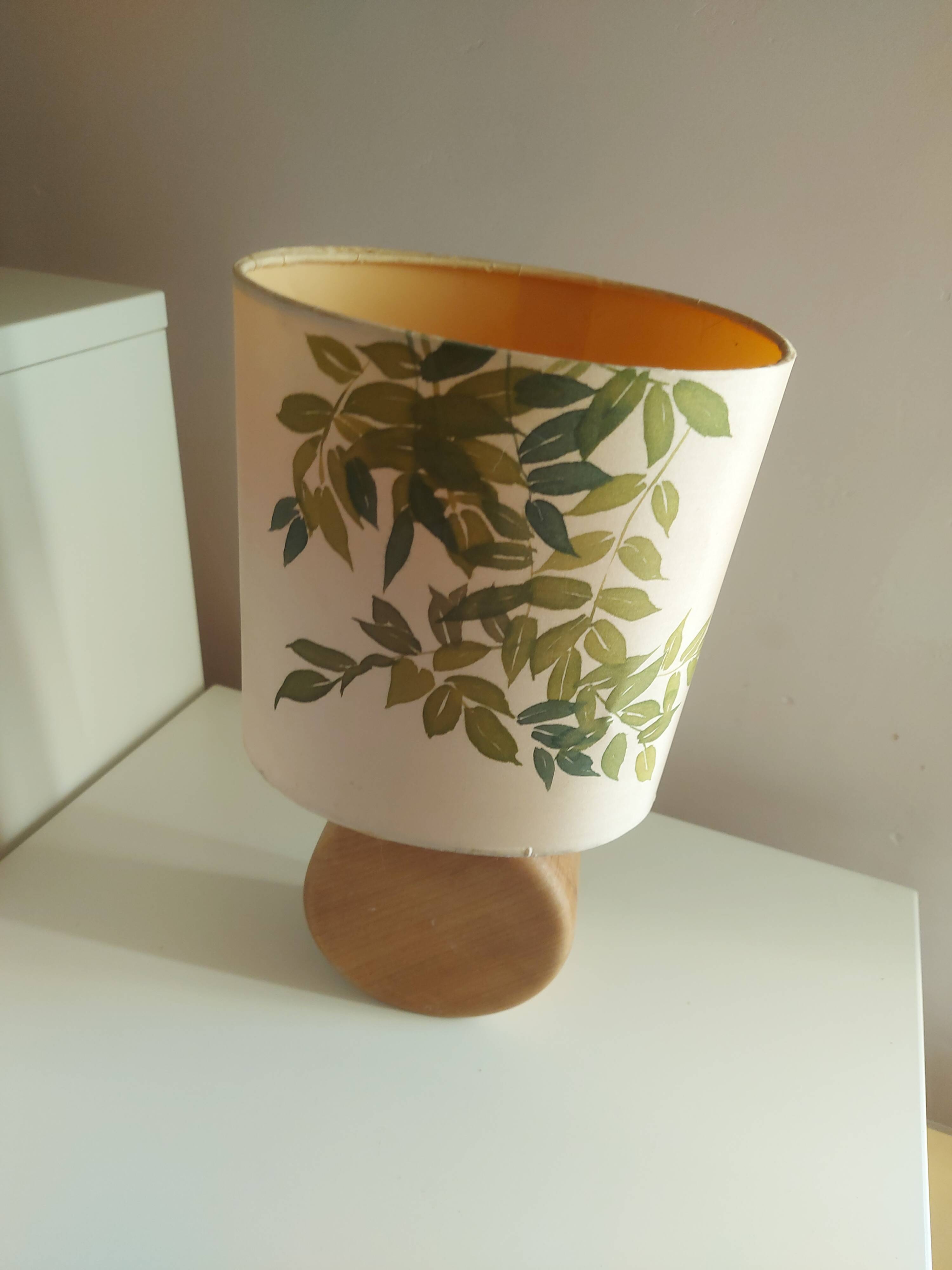 Wooden lamp with silk lampshade, hand painted, signed