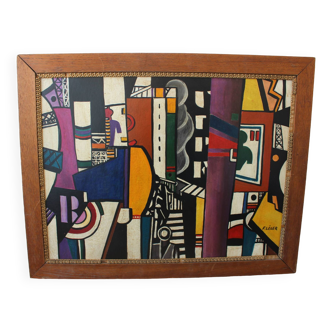 Peinture cubiste vintage des années 1970 de figures abstraites Composition moderniste, encadrée