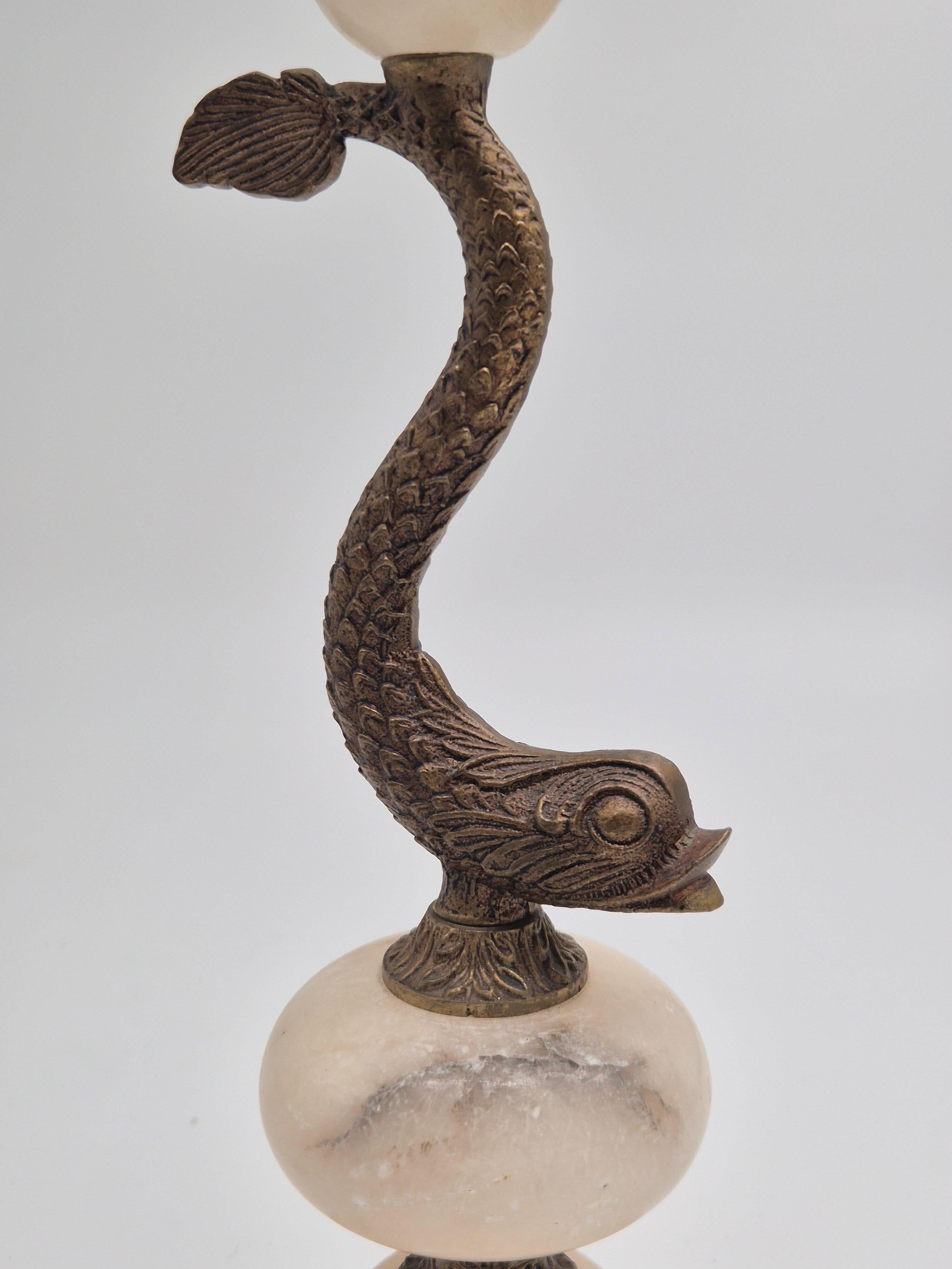 Sculptural table lamp in alabaster with fish/dolphin decoration, Swedish Grace