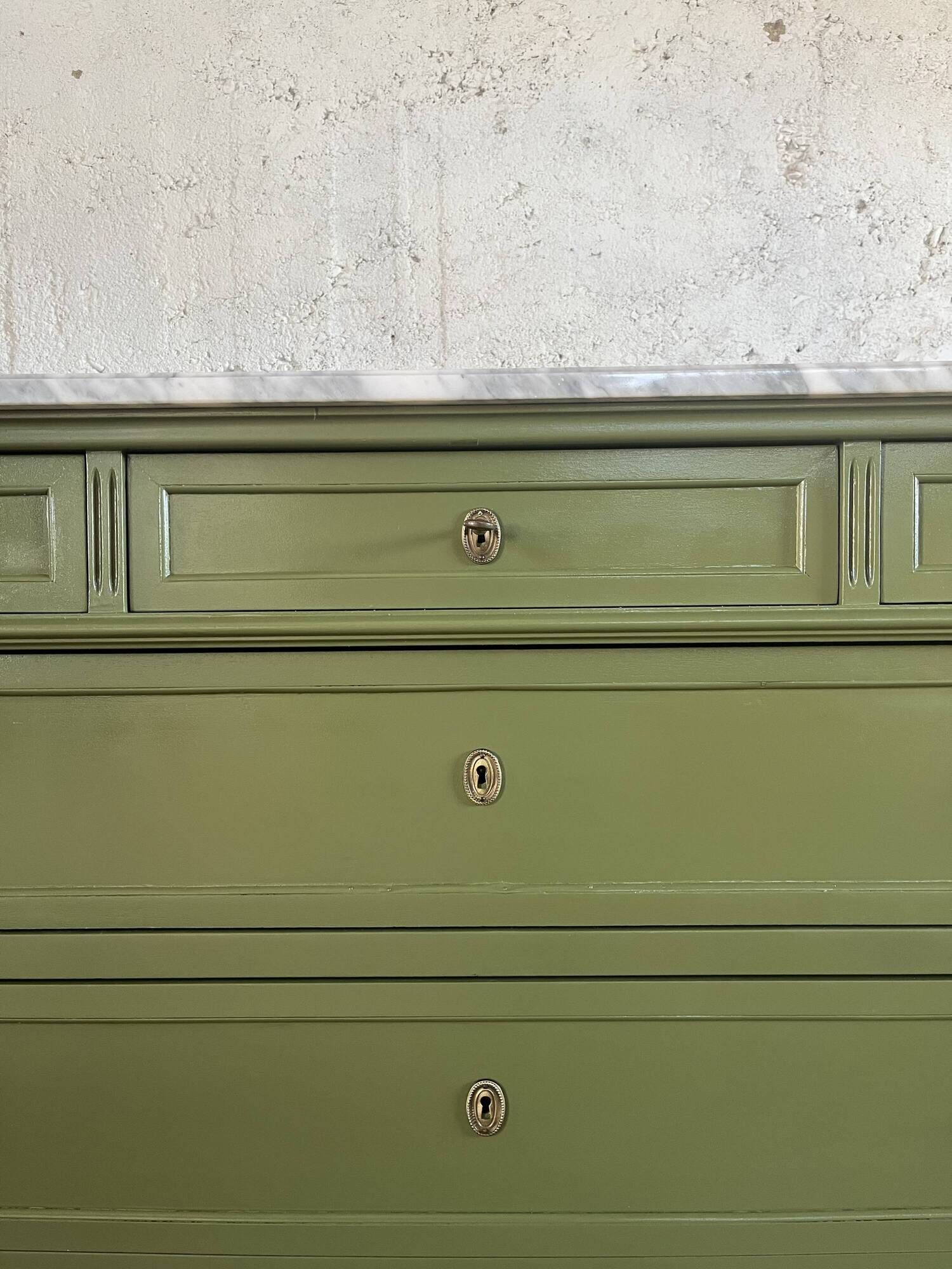 Louis XVI style olive green commode with marble.