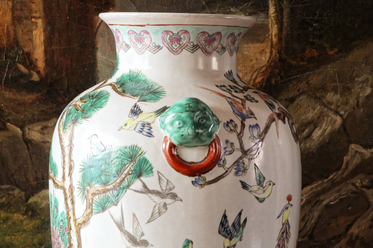 Chinese porcelain vase, peacocks, birds, trees, peonies