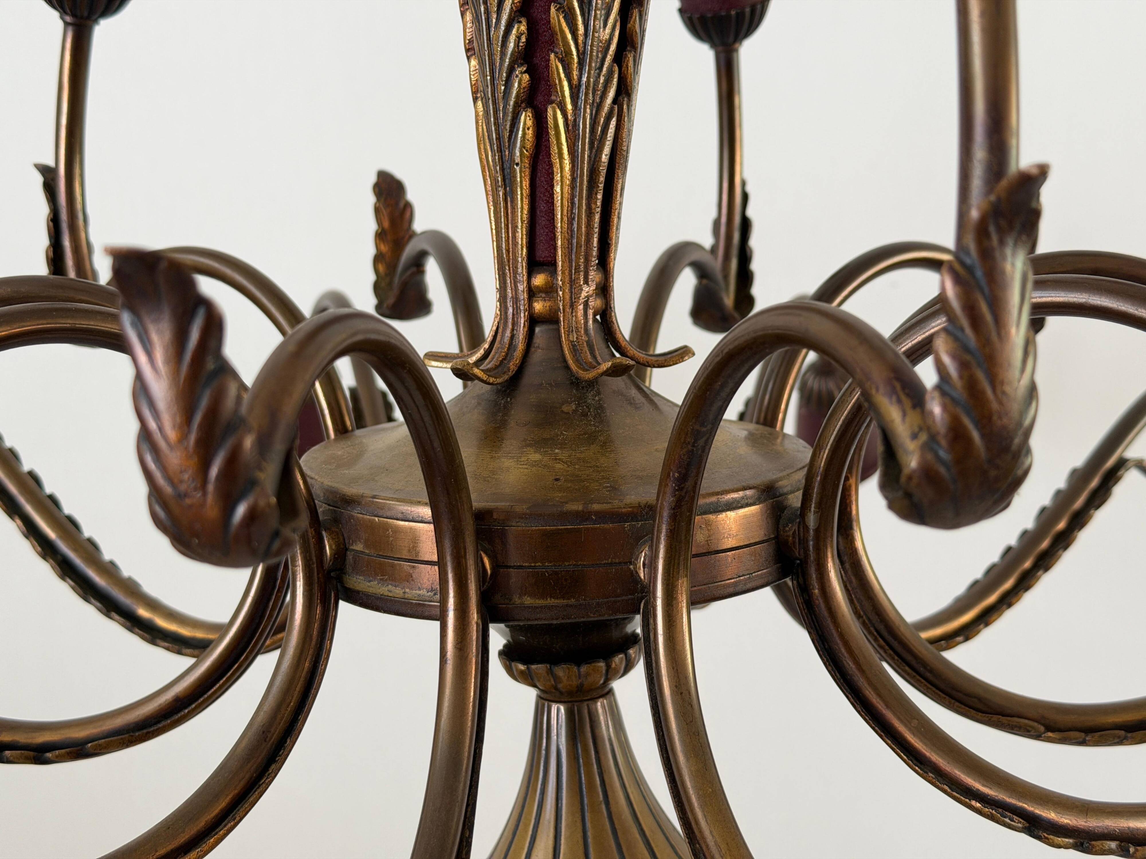 Large Burgundy brass chandelier with 15 arms, 1950, Italy