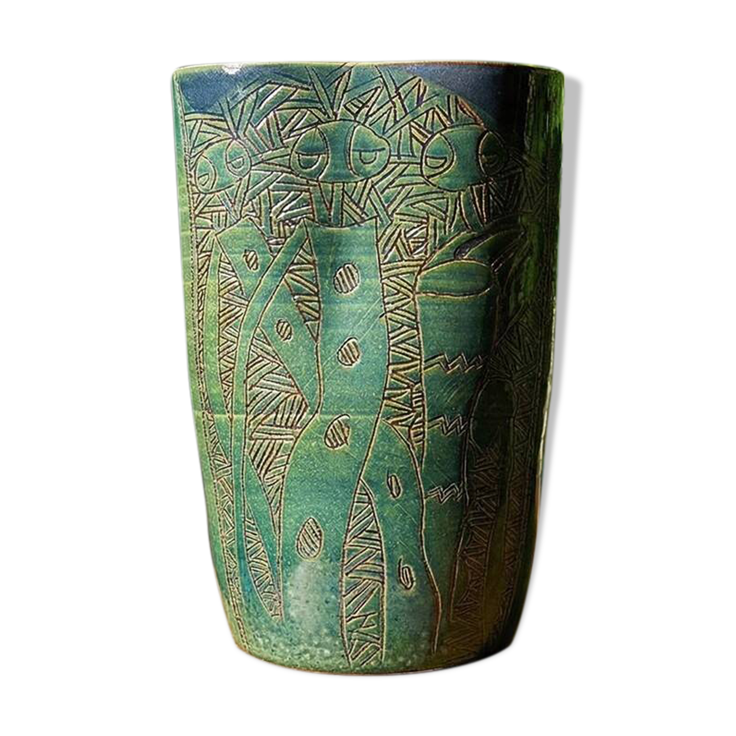 Vintage blue-green artisan pottery vase with incised tribal decoration Eseka Pottery.