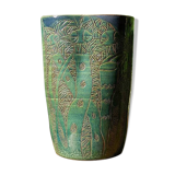 Vintage blue-green artisan pottery vase with incised tribal decoration Eseka Pottery.