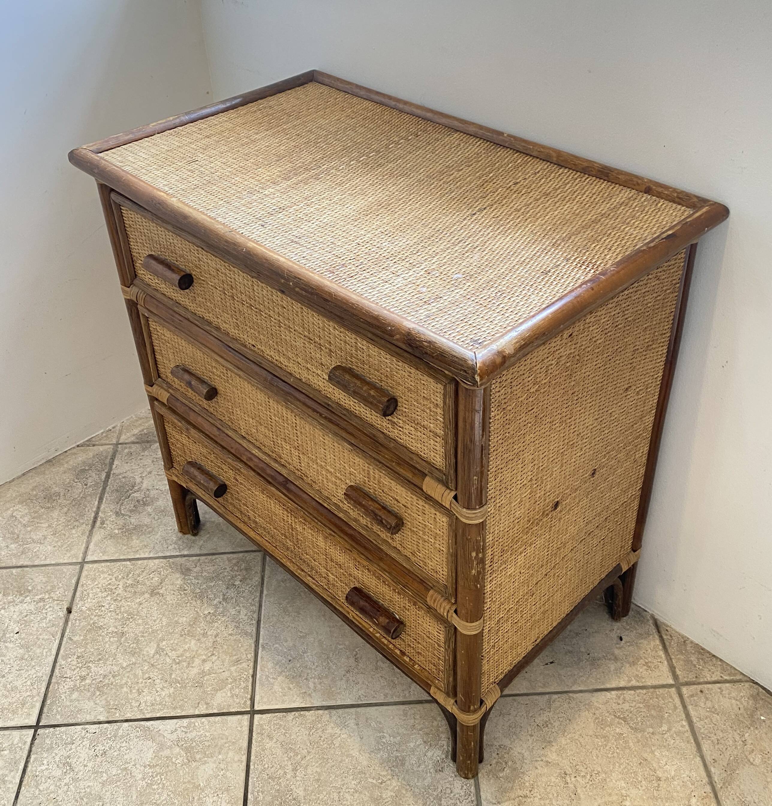 Vintage 1970s bamboo rattan 3-drawer chest of drawers.