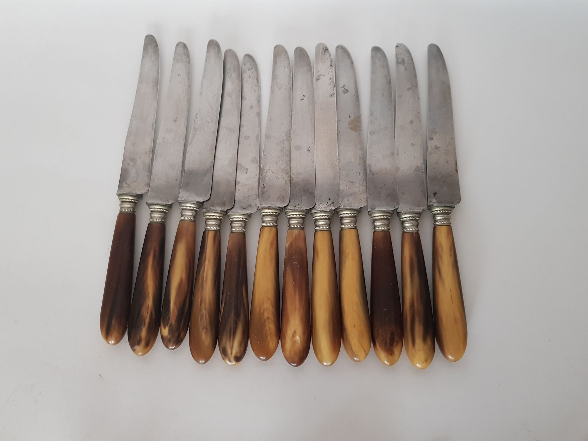 Twelve knives, horn handle, steel blade signed Philip CADET Marseille