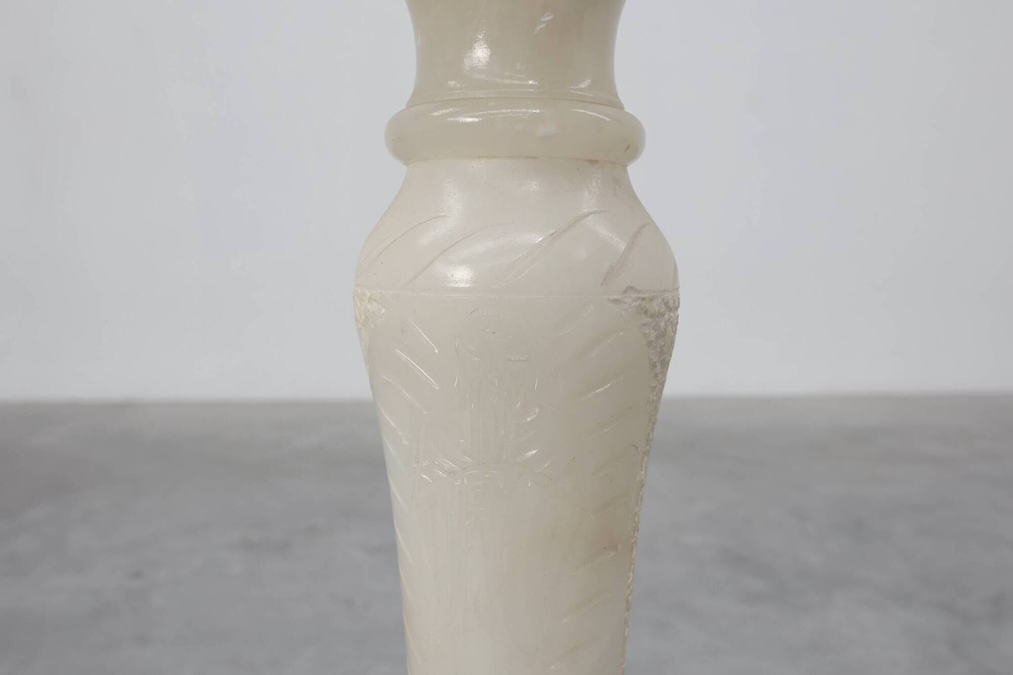 Italian Turned Alabaster Pedestal Column with Carved Leaf Capital