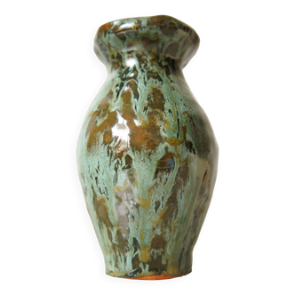 Small clay ceramic vase with glazes signed Sandrine, 2007