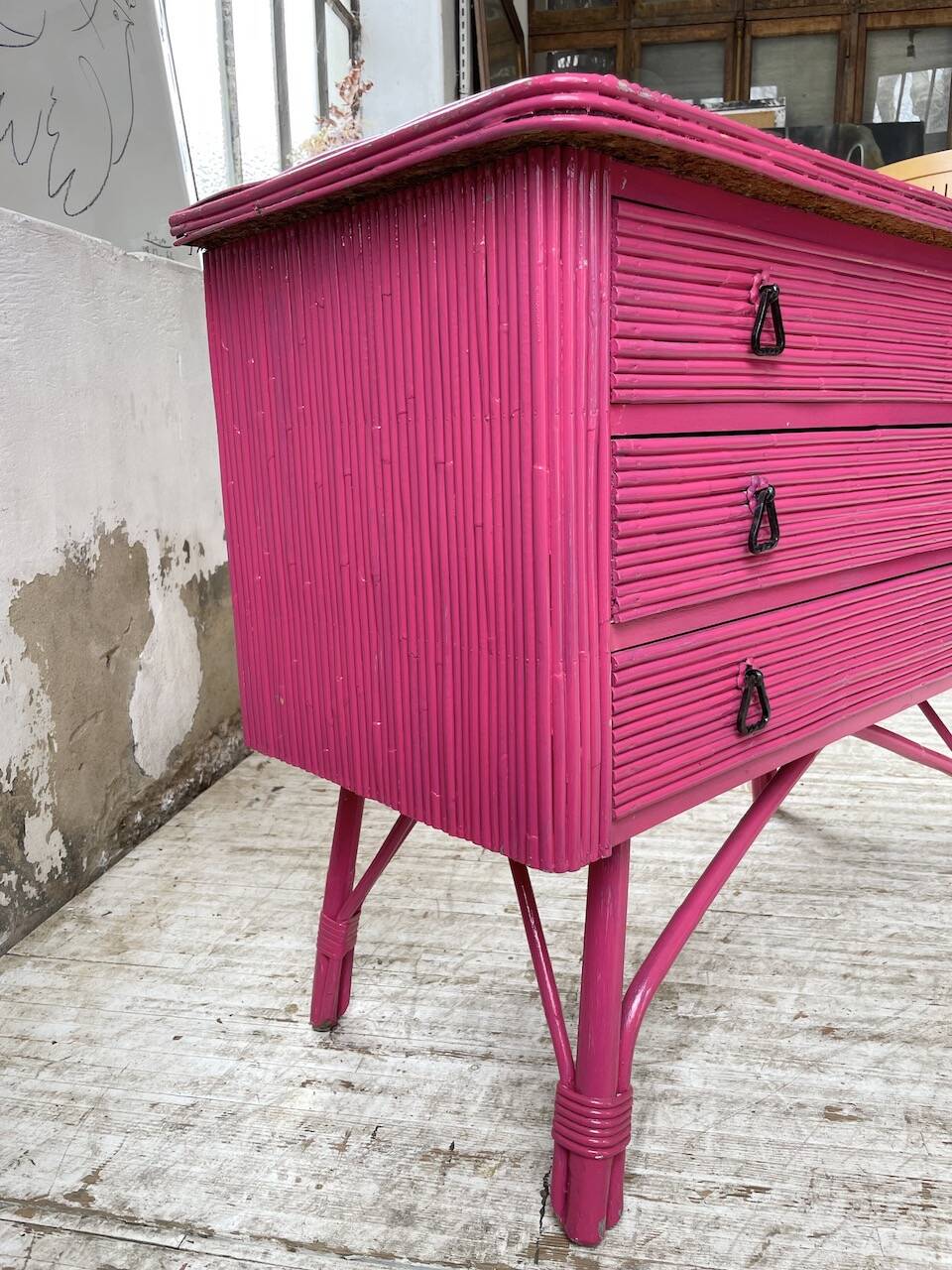Vintage pink rattan chest of drawers