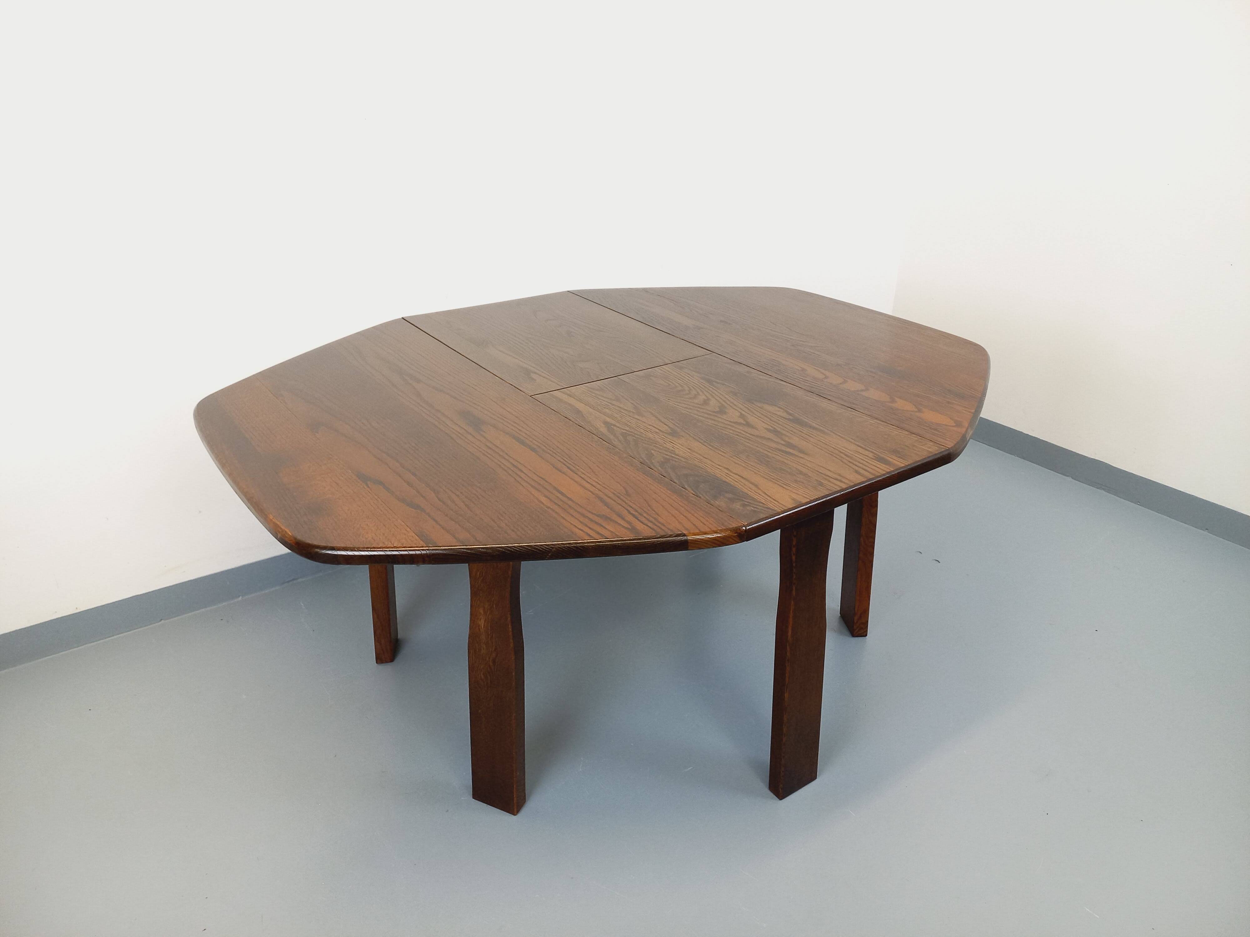 Vintage brutalist hexagonal dining table made of oak from the 1950s.