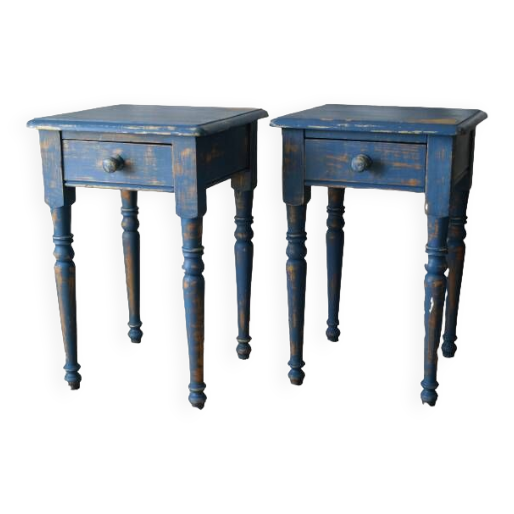Pair of vintage country bedside tables with blue patina