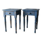 Paire de chevets campagnards vintage patine bleue