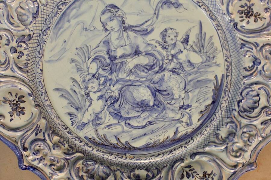 Large blue faience plate from Savona, Italy, 48 cm in diameter.