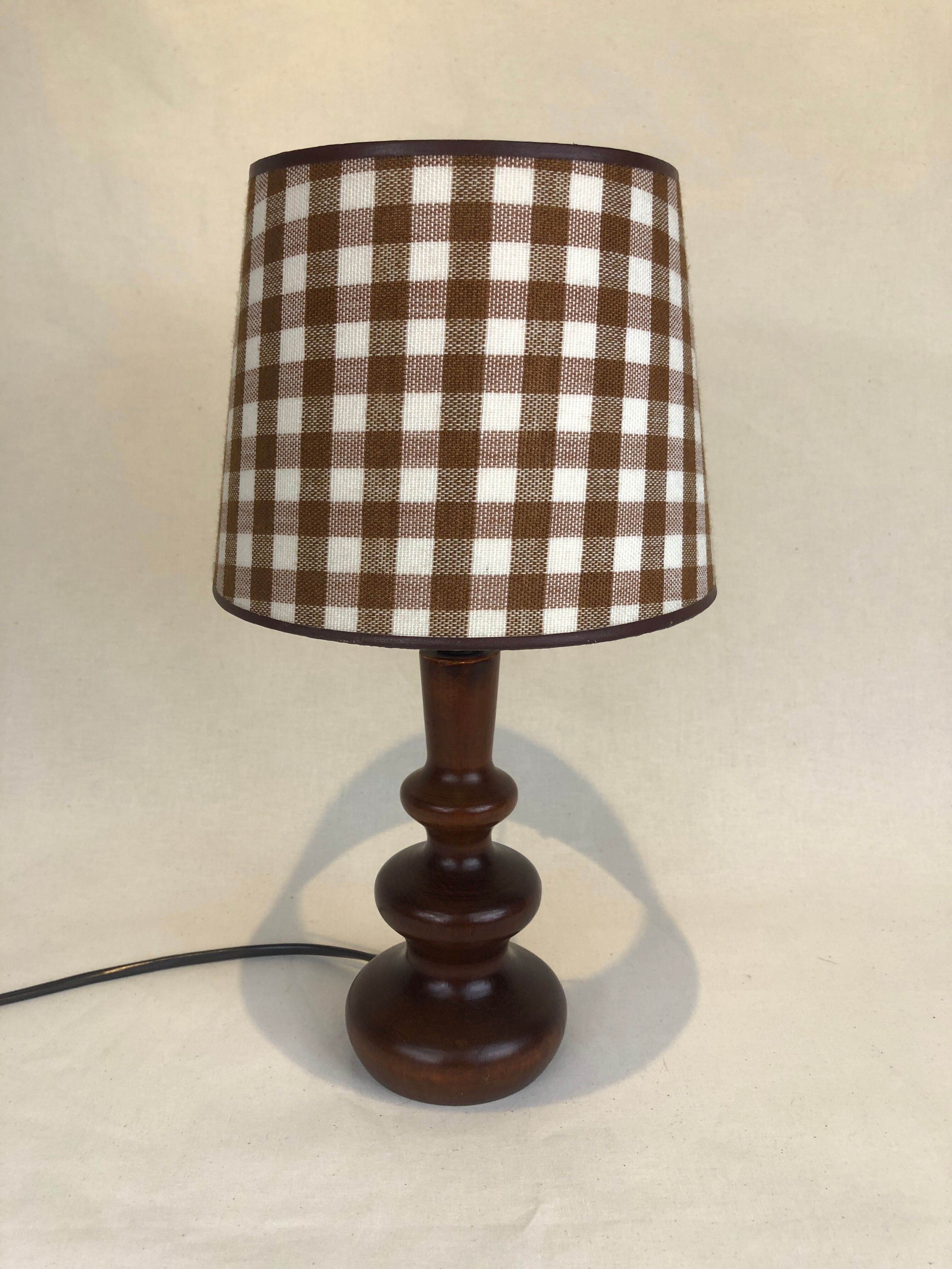 Wooden foot lamp brown tartan lampshade, cottage style