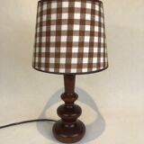 Wooden foot lamp brown tartan lampshade, cottage style