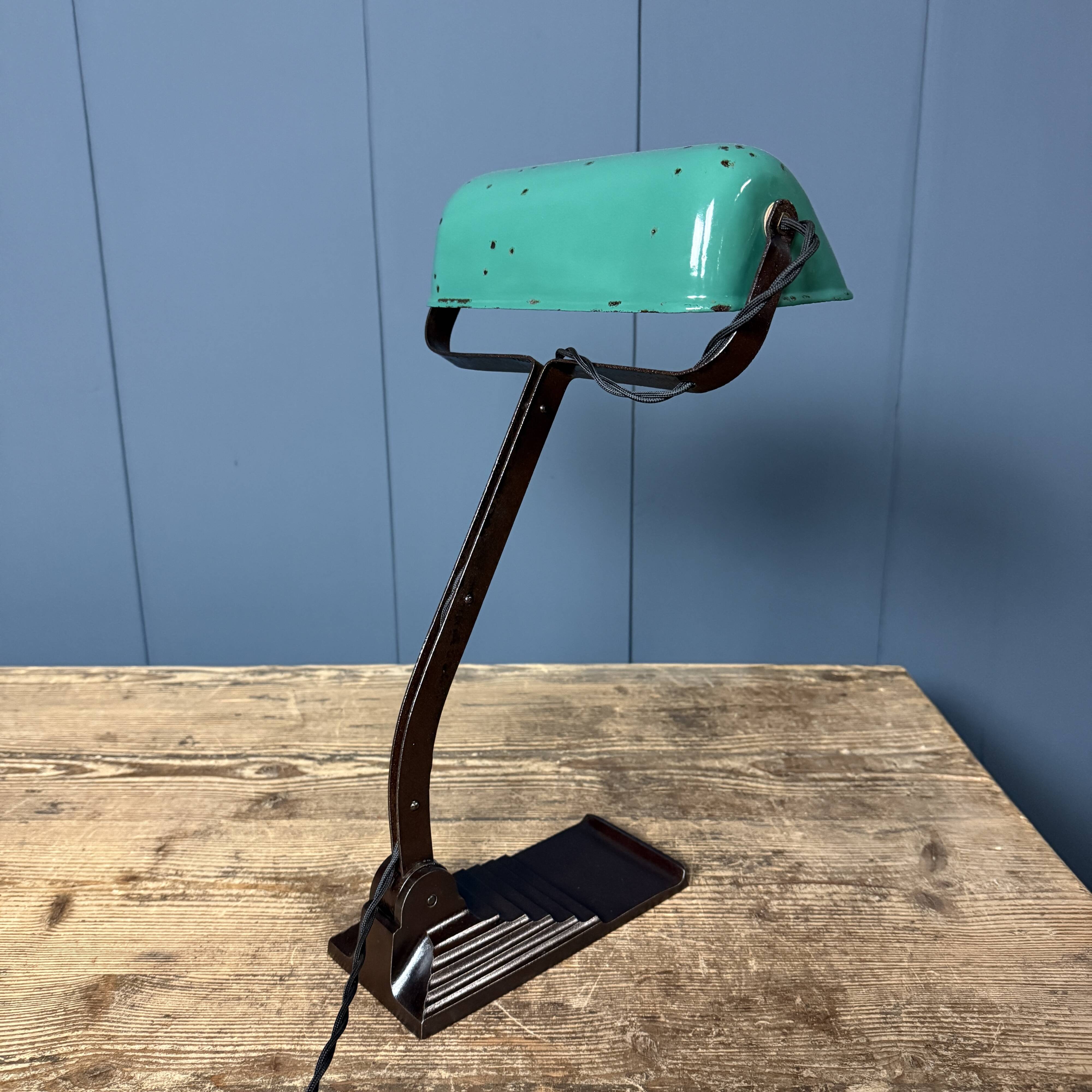 Erpé banker’s lamp with a turquoise enamel shade.
