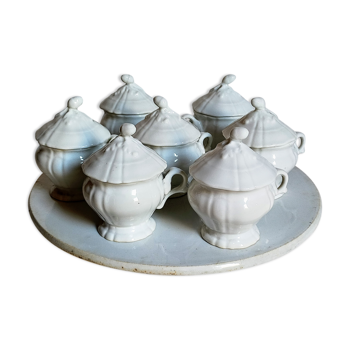Set of seven covered pots and tray old white slurry nineteenth