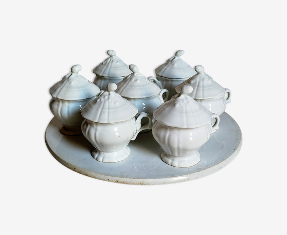Set of seven covered pots and tray old white slurry nineteenth
