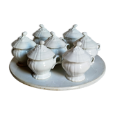 Set of seven covered pots and tray old white slurry nineteenth