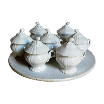 Set of seven covered pots and tray old white slurry nineteenth