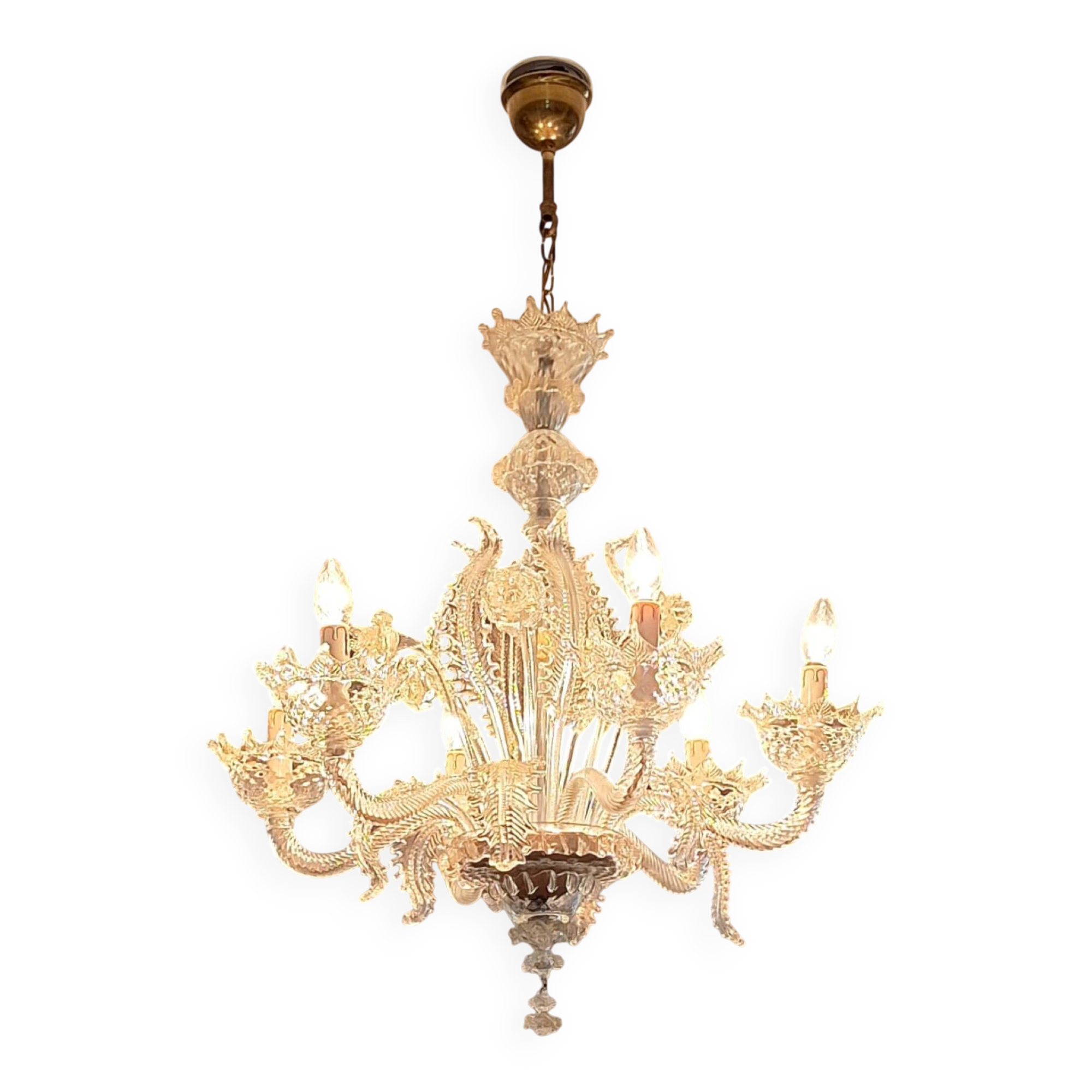 Large Murano glass chandelier with gold leaves, vintage light fixture.
