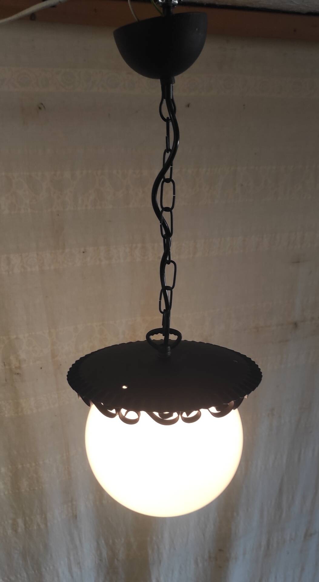 Metal lantern suspension and opaline globe by Delmas - mid 20th century.