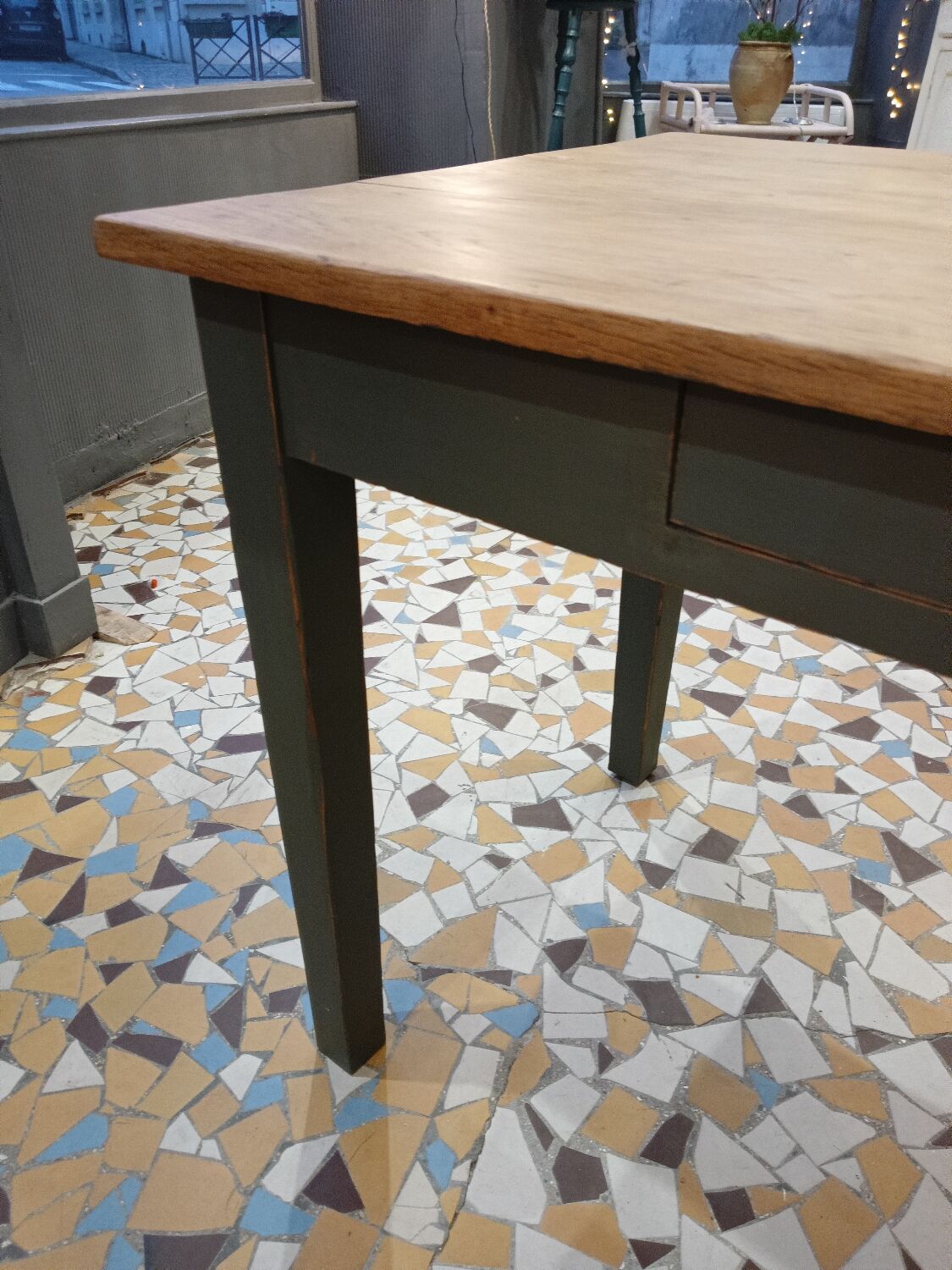 Wooden and khaki farmhouse table