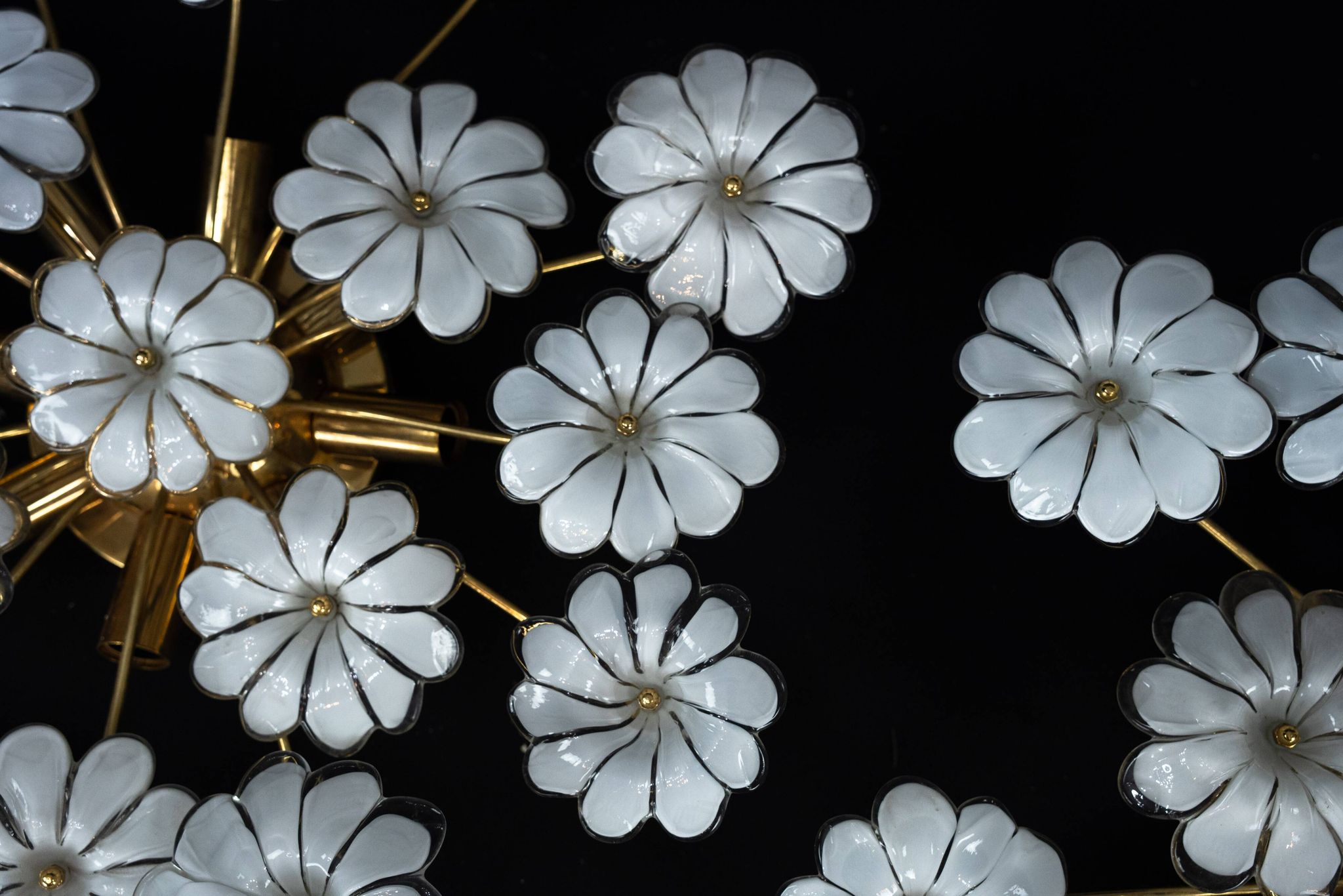 Pair of Murano white flower ceiling lamps. Italy 1980s
