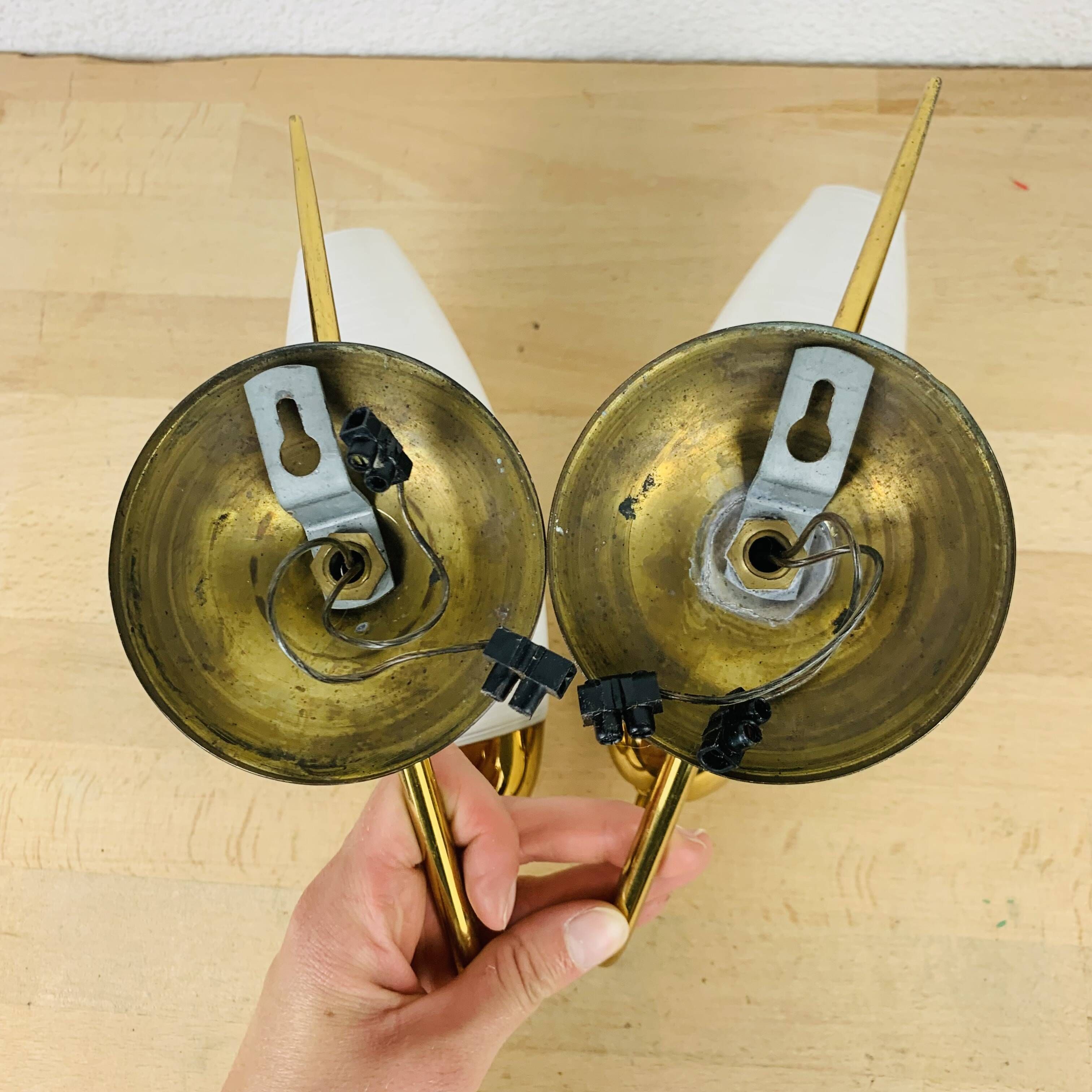 Pair of opaline brass wall lights from the 50s, Arlus, Lunel