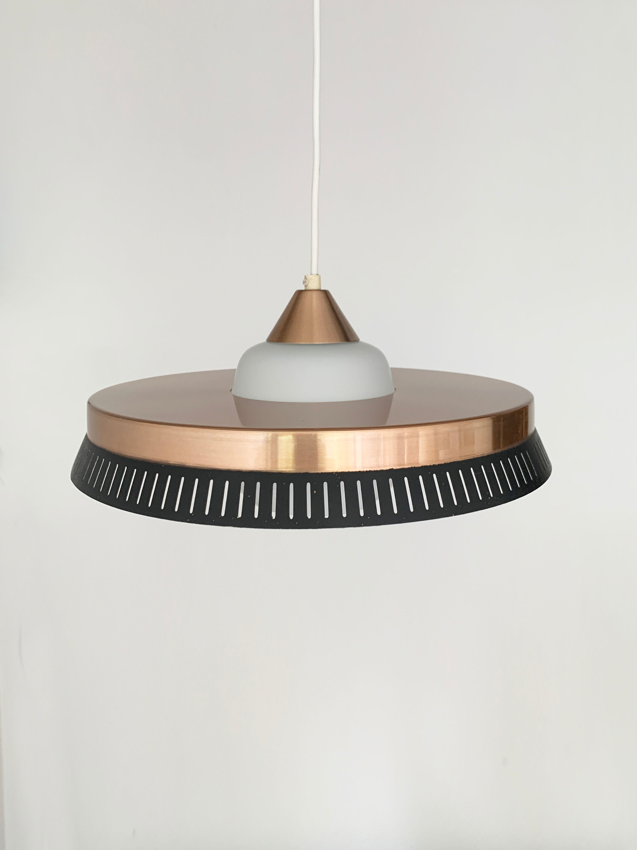 Scandinavian suspension lamp in copper and opaline glass, Bent Karlby for Lyfa, Denmark, 1960s