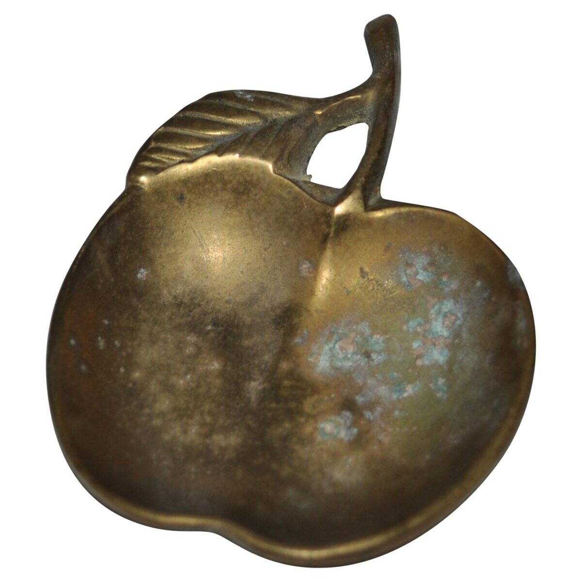 Vintage 1970s solid gold-plated brass apple ashtray from the Czech Republic, leaf pattern.