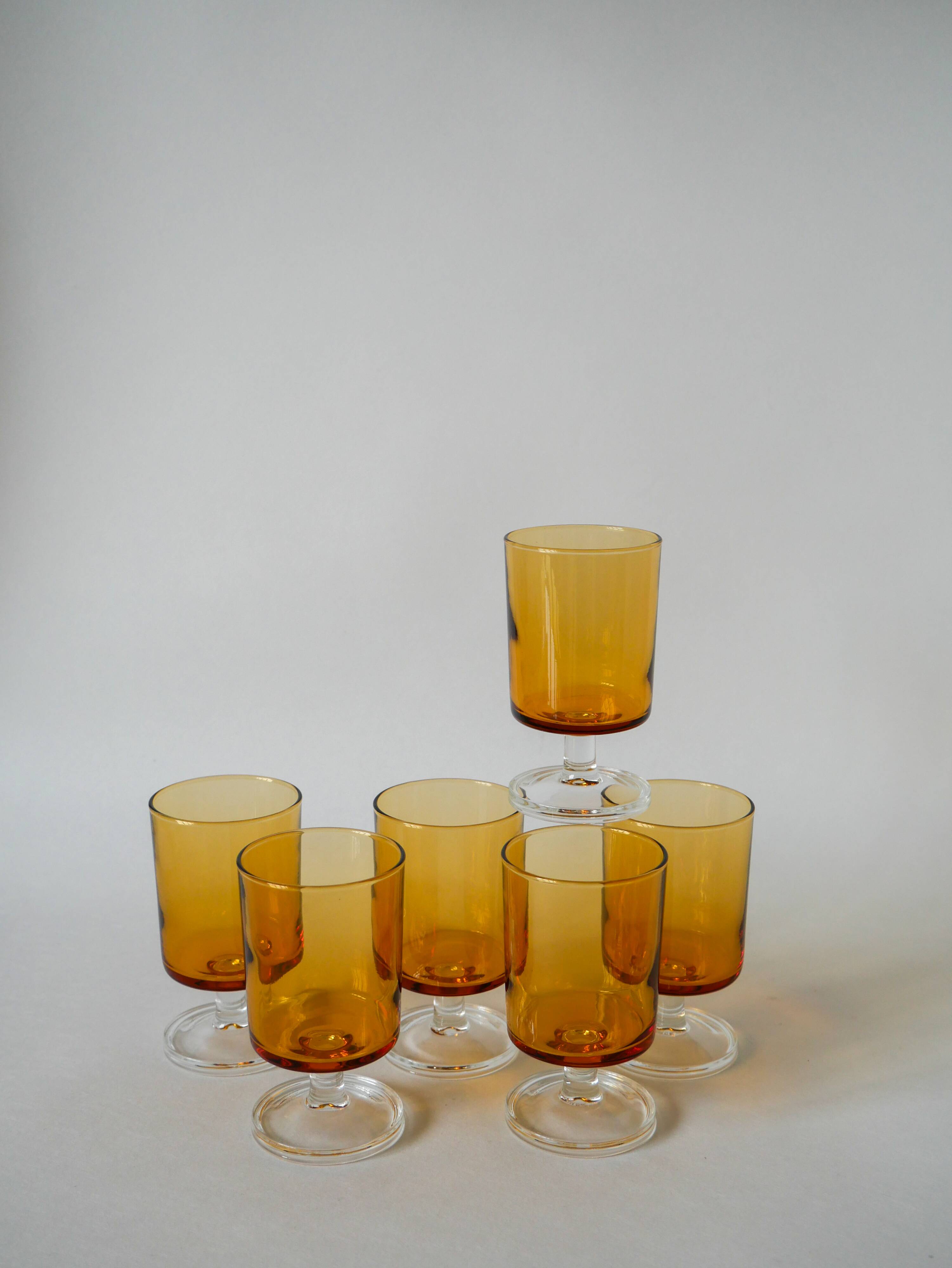 set of 6 vintage Luminarc amber wine glasses 1970