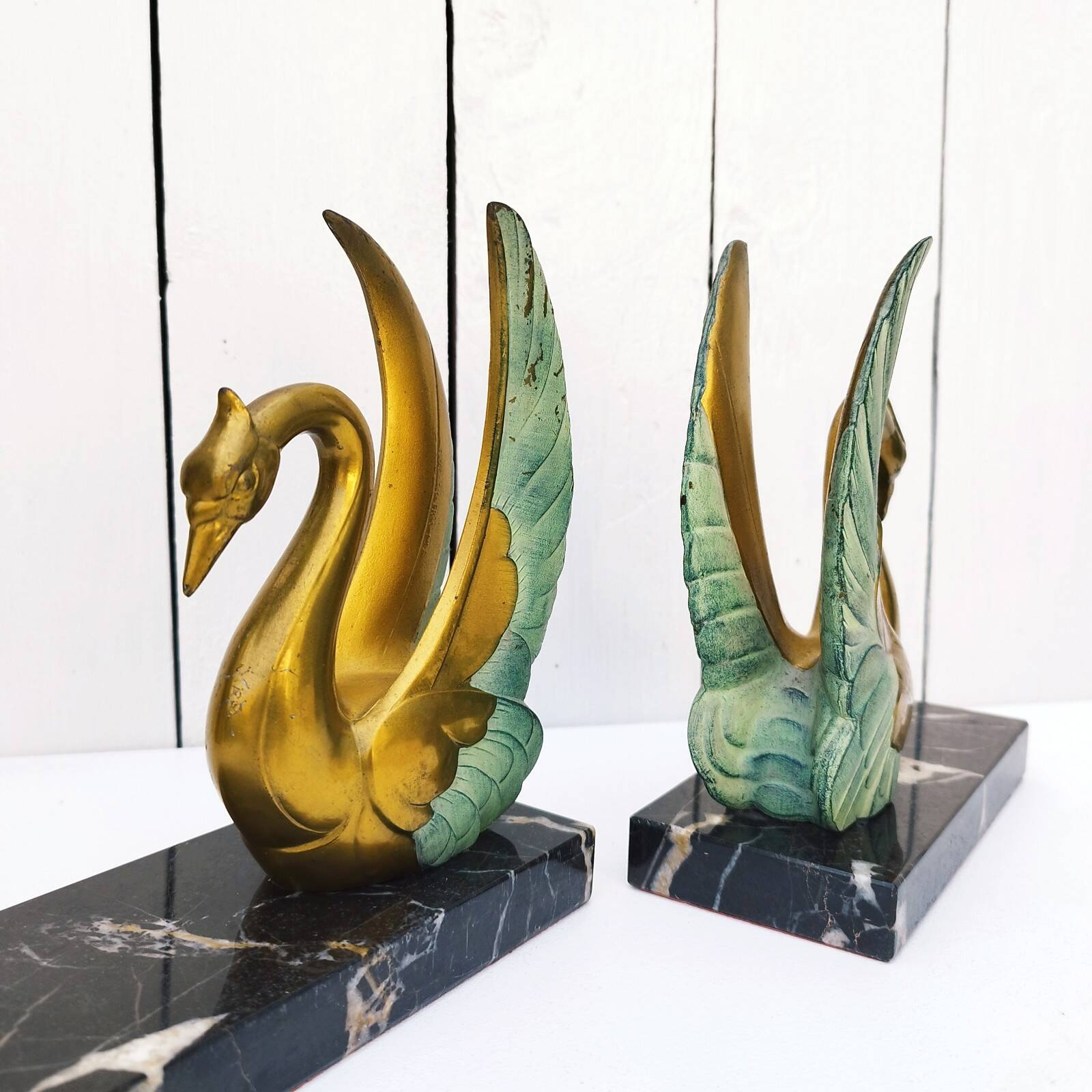 Pair of art deco golden swan bookends
