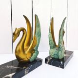 Pair of art deco golden swan bookends