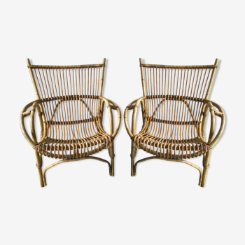 Pair of rattan and bamboo armchairs 50s/60s