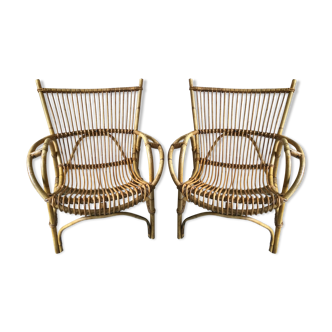 Pair of rattan and bamboo armchairs 50s/60s