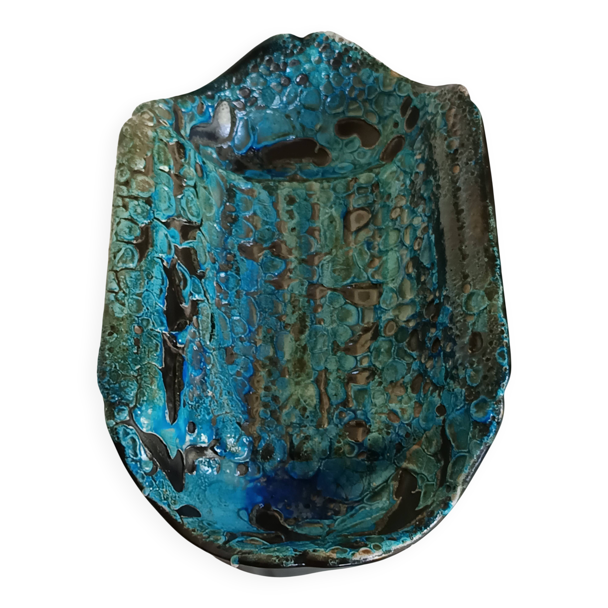 Grand plat vintage en céramique à émaux bleus “glacier”, années 60-70