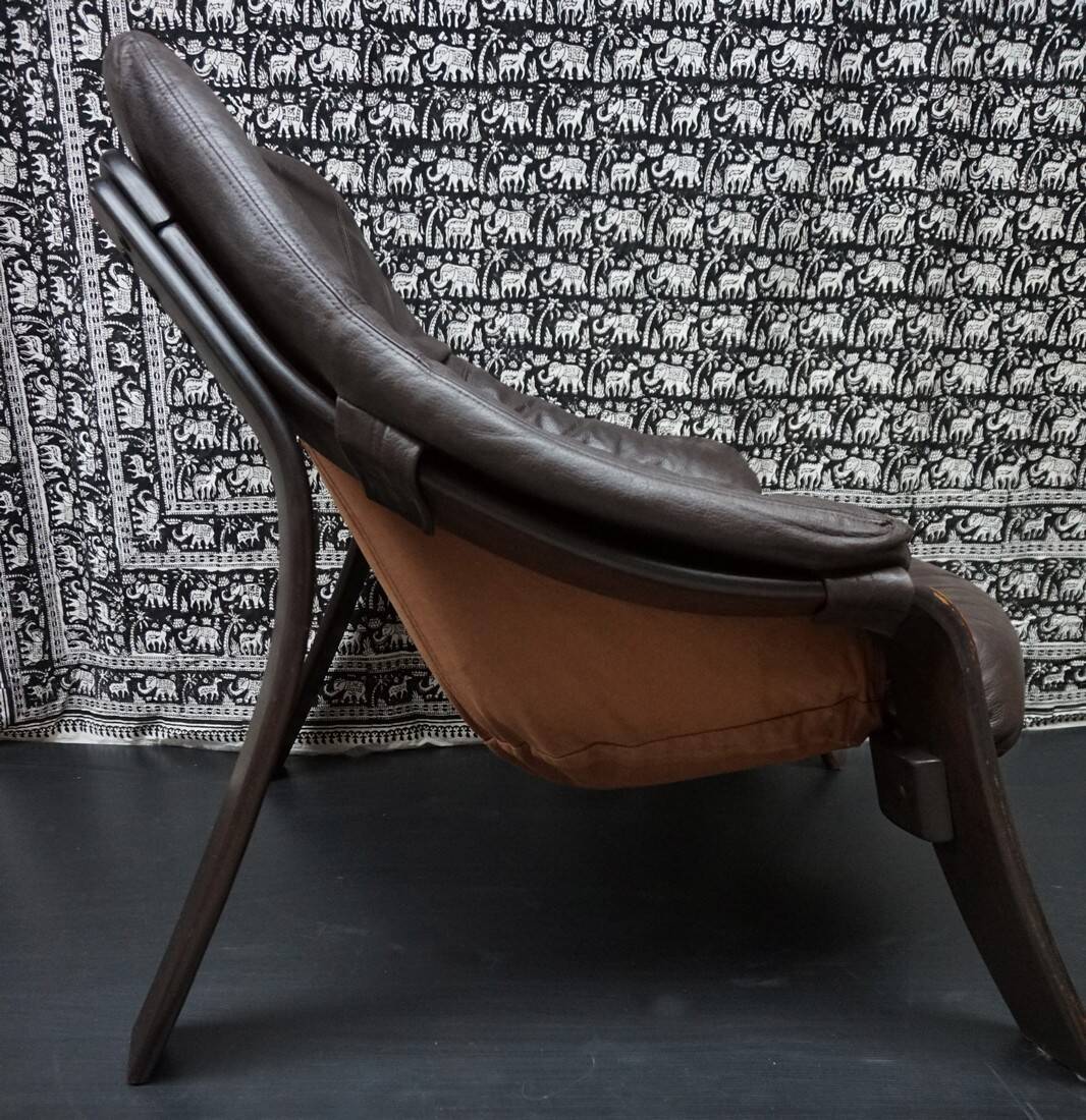 Brutalist brown Leather low Lounge Chair, Norway 1970s