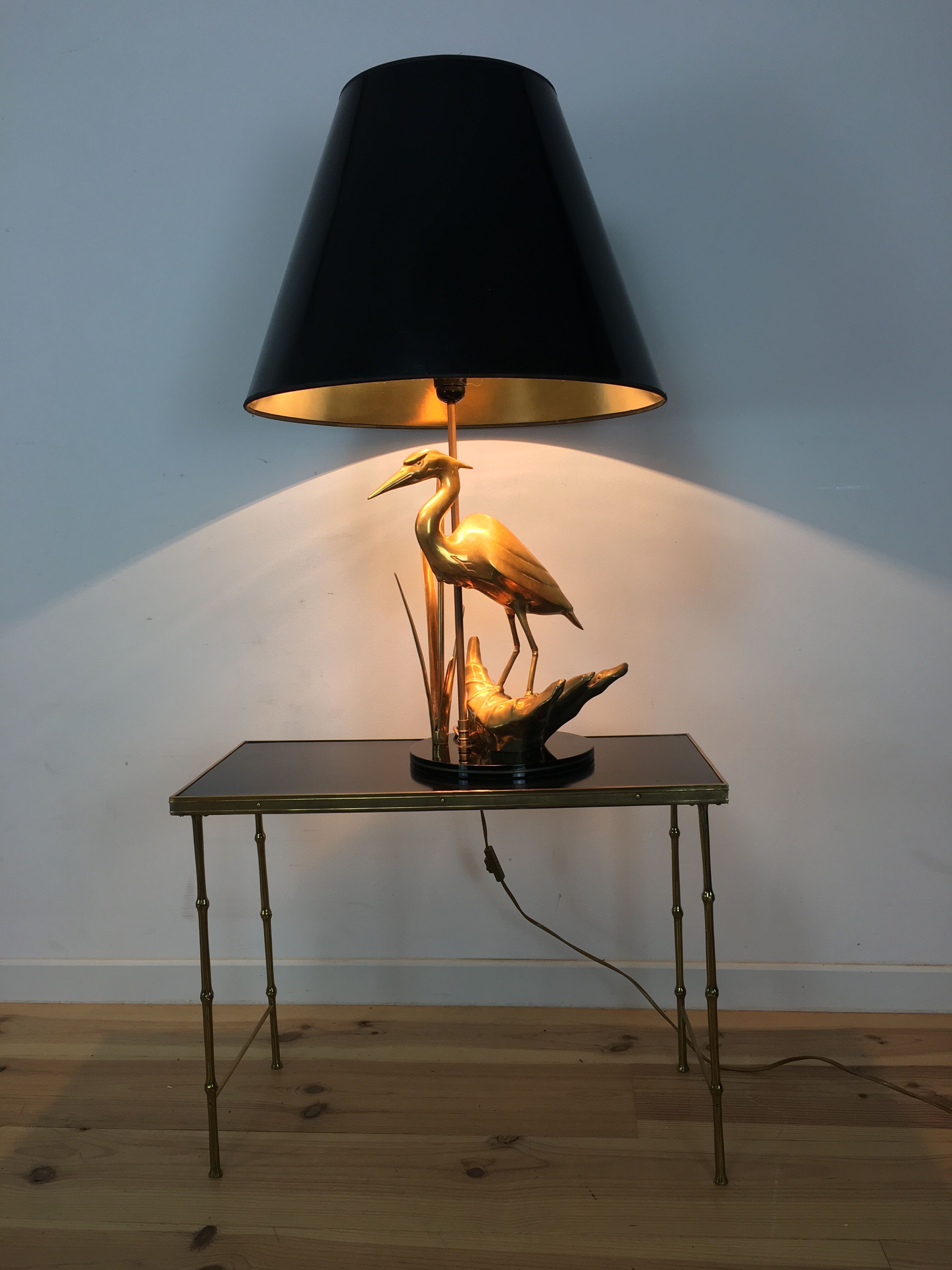 Heron lamp, golden brass animal style