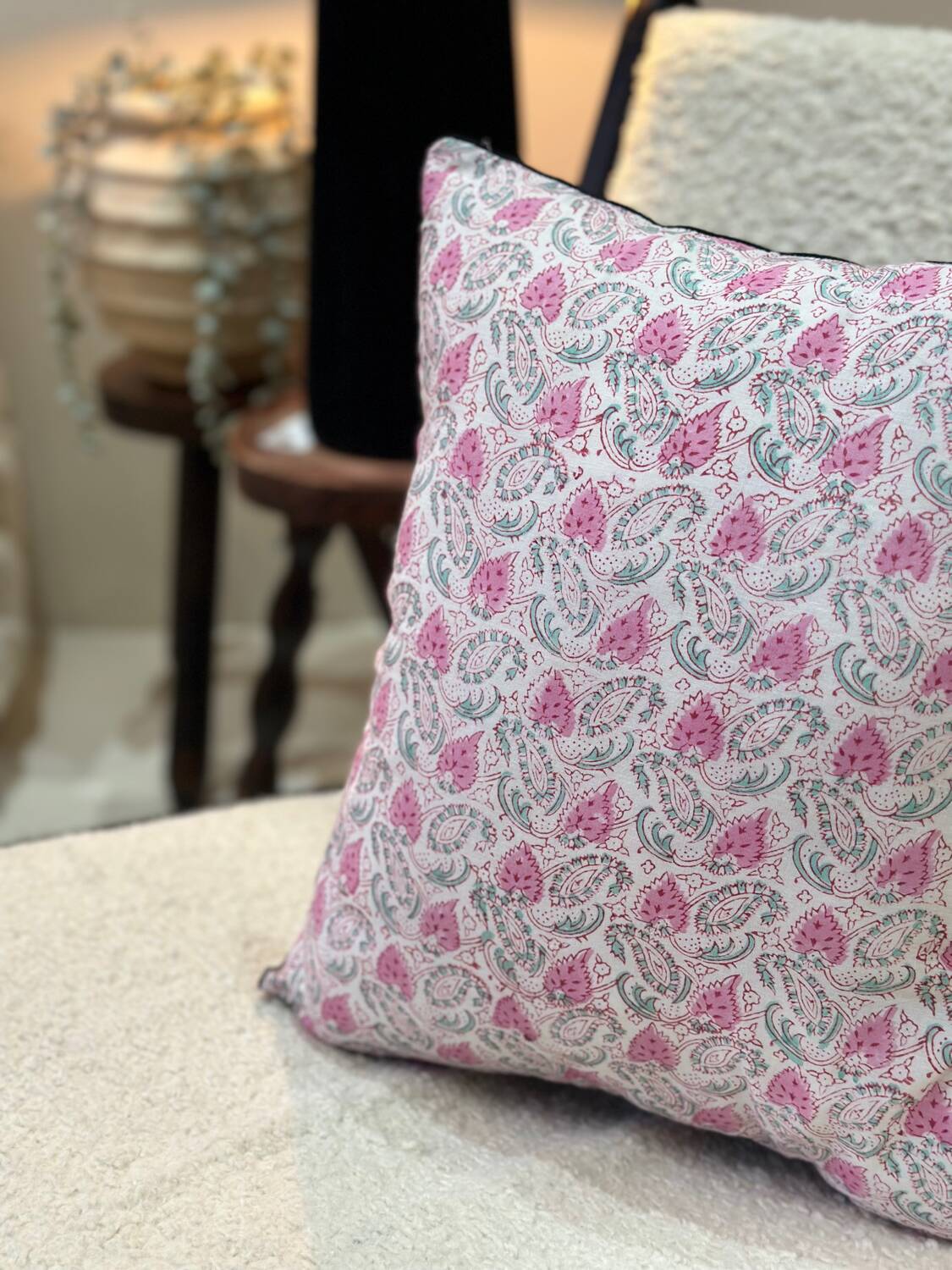 Coussin indien block print fleurs "fleur" - rose/blanc