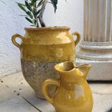 Large vintage artisanal glazed earthenware pitcher with pinched spout